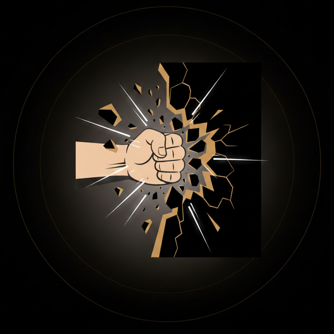A fist breaking a wall