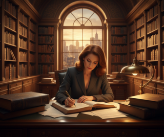 A woman writing in a library