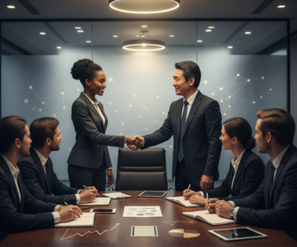 A man and a woman shaking hands in a corporate setting